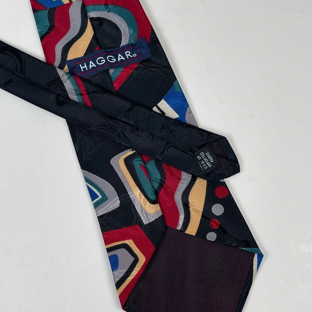 Vintage Haggar Necktie Tie Black Geometric Abstract Pattern Art Deco 90s